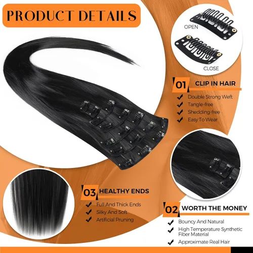 Vista 3 de Jexine 14 extensiones de cabello con clip de 24 pulgadas, extensiones de cabello largo y lacio, 9.17 oz, extensiones de cabello sintético suave