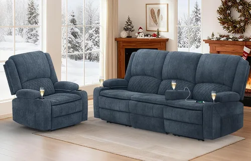 Vista 29 de Sofá reclinable de 3 plazas, sofá reclinable con consola elevable (tela, azul) Reclining Sofa with USB Removable Armrest, RV Sofa with Cup Holder