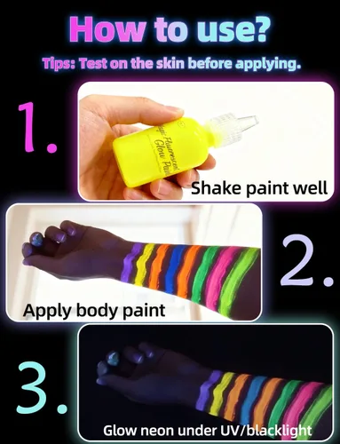 Vista 5 de 6 botellas, 28.3 g Pintura UV para el cuerpo brillante con luz negra fluorescente, segura para la piel, lavable, no tóxica, kit de seis
