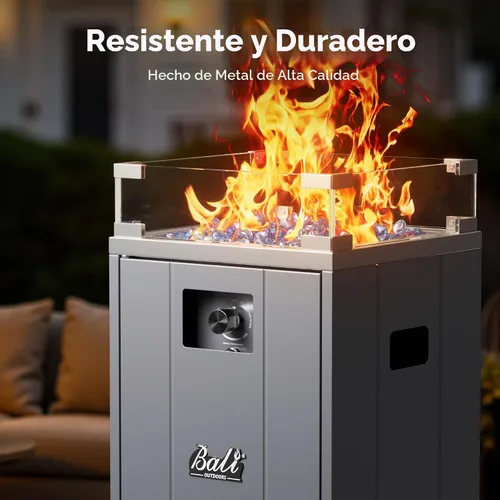 Vista 5 de BALI OUTDOORS Fogata de gas de 15 pulgadas Cuenco exterior de propano con protector de viento de vidrio, chimenea cuadrada para patio con piedra