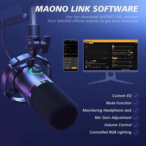 Vista 3 de MAONO Kit de micrófono dinámico XLR/USB, micrófono podcast RGB con software, silencio, perilla de ganancia, control de volumen, brazo de brazo
