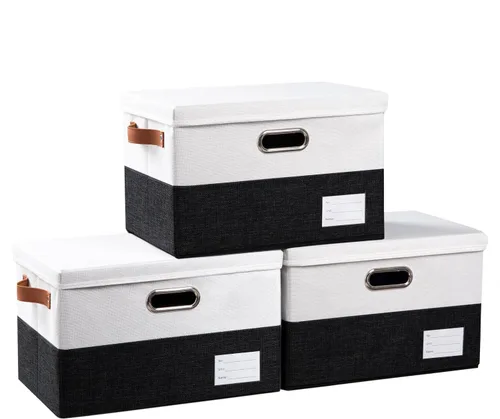 Vista 45 de PRANDOM Contenedores de almacenamiento con tapas [paquete de 3] cajas de almacenamiento plegables de tela de lino, canastas organizadoras, cubos