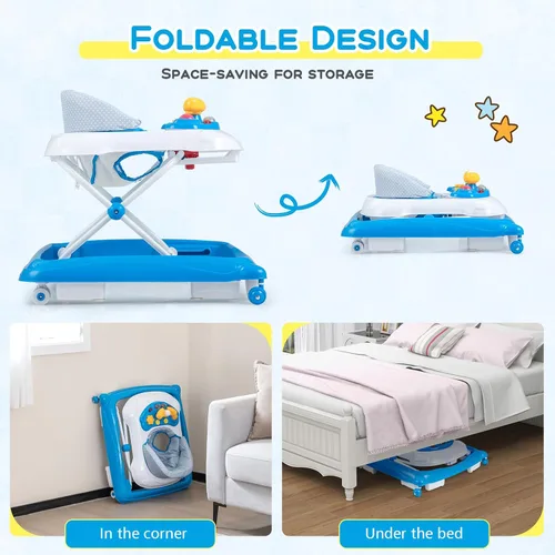 Vista 8 de BABY JOY Andador de bebé, caminador de actividad plegable 4 en 1 con altura ajustable, música, luces, caminador de empuje antivuelco para niños