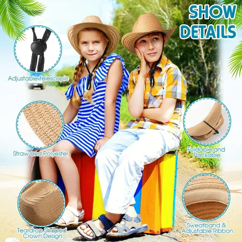 Vista 6 de SATINIOR Juego de 12 sombreros de vaquero de paja para niños con bandanas, disfraz de vaquero para fiesta occidental (caqui), Caqui