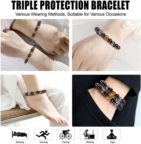 Vista 5 de HOZEAL Pulsera de triple protección, brazalete de obsidiana negra con ojo de tigre y hematita para hombres y mujeres, para traer suerte