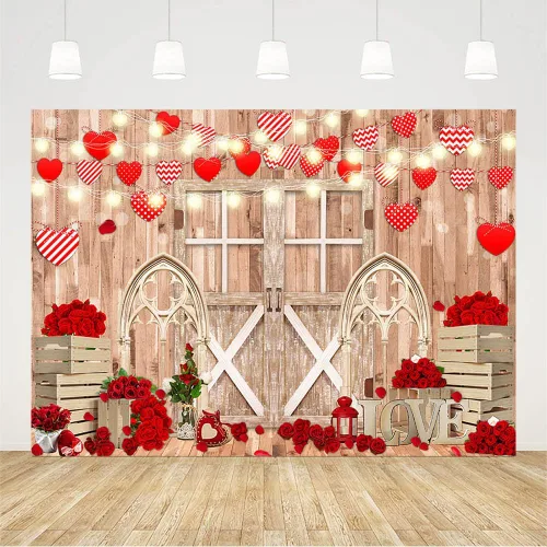 Vista 2 de AIBIIN Telón de fondo para el día de San Valentín de 7 x 5 pies para fotografía, puerta de pared de madera rústica, telón de fondo de San Valentín