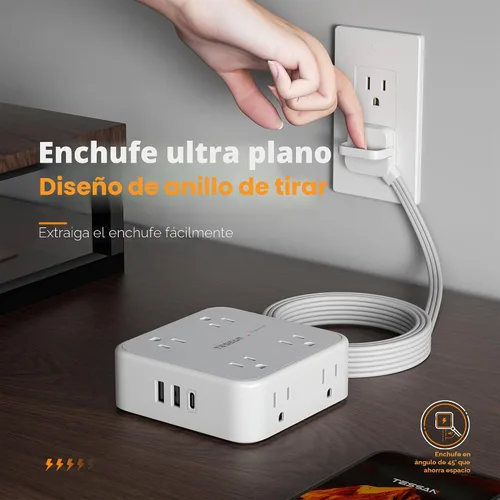 Vista 2 de [Usado] TESSAN - Tira de alimentación con protector de sobretensiones, enchufe plano, cable de extensión largo de 10 pies con 8 salidas, 3 puertos
