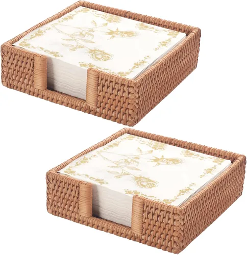 Vista 10 de Servilletero cuadrado de ratán, servilleteros para servilletas de papel, 7.5" x 7.5" x 2.5", bandeja de mimbre para servilletas, soporte tejido