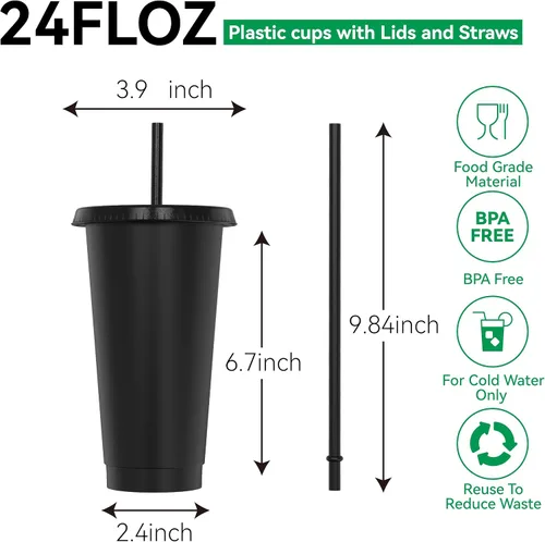 Vista 2 de Vasos de plástico de 24 onzas con tapas y pitillos, tazas de café helado resistentes y seguras para alimentos con tapa, vaso de plástico Negro