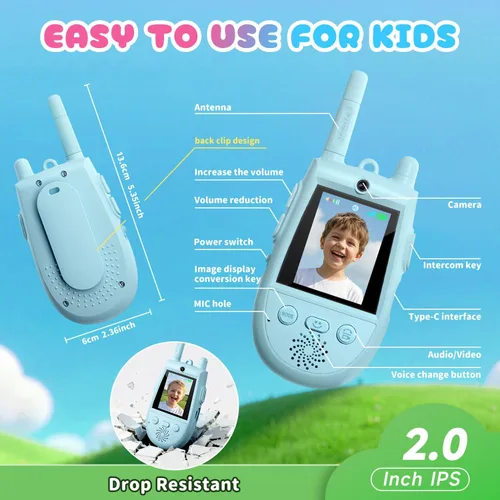 Vista 9 de Paquete de 2 walkie talkies de video para niños, walkie talkies con video Azul/Azul