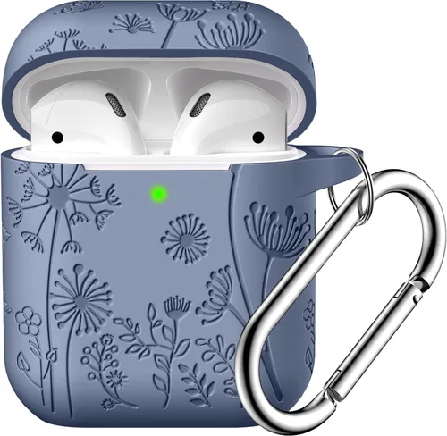 Vista 13 de Lerobo - Funda con grabado de flores para carcasa de AirPod, protector de silicona suave y elegante con llavero compatible con carcasa de carga