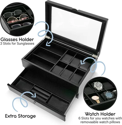 Vista 2 de HAUTEROW Caja organizadora de relojes para hombres, caja de joyería, estuche de reloj, organizador de gafas de sol, bandeja de valet, organizador