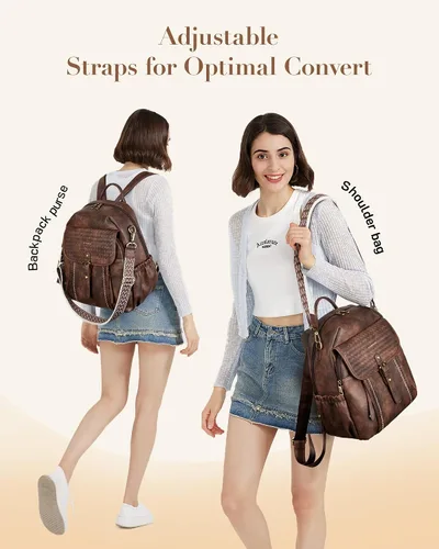 Vista 5 de Missnine Mochila de cuero para mujer, mochila antirrobo, bolsa de hombro convertible con cremalleras seguras para viajes y trabajo, Café, Vintage
