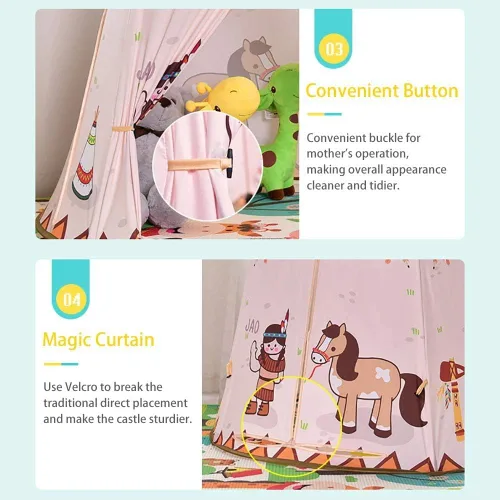 Vista 9 de Tienda de campaña plegable para niños, casa de juegos india de dibujos animados para niños con bolsa de transporte, material respetuoso con la piel