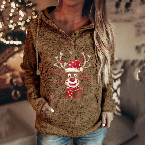 Vista 2 de Ugly Christmas 14 Button Down Hoodies Cute Reindeer Graphic Print Pullover Casual Loose Fit Zip Pocket Sweatshirt