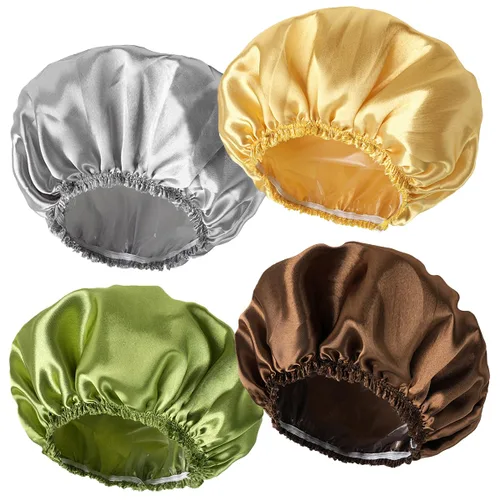 Vista 19 de 4 piezas de gorros de ducha para mujer, gorros de baño con estampado, gorro de ducha de doble capa reutilizable e impermeable, gorros de ducha