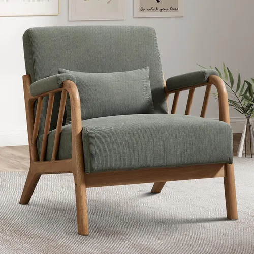 Vista 19 de INZOY Silla con acento moderno de mediados de siglo con marco de madera, sillas tapizadas para sala de estar con cojín lumbar, silla de lectura