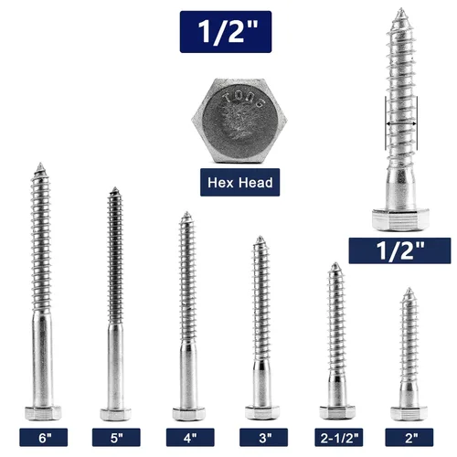 Vista 3 de Tornillos de cabeza hexagonal de 1/2" x 2" con rosca parcial, 10 piezas de acero inoxidable 304 18-8, tornillos hexagonales para madera de SG TZH