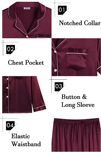 Vista 5 de SWOMOG Womens 2 PCS 3 PCS Pajamas Set Silk Satin Long Sleeve Sleepwear Button Down Loungewear Pjs Nightwear