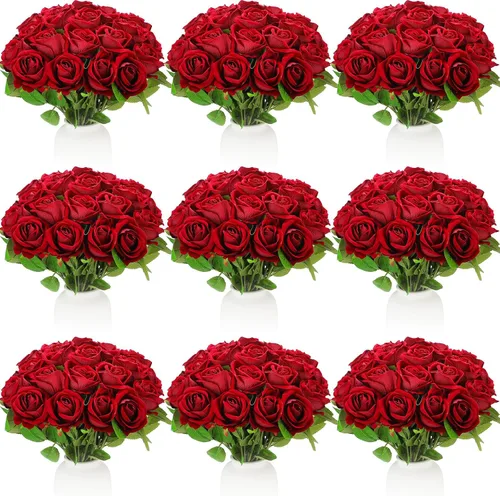 Vista 15 de Jexine 100 piezas de rosas artificiales a granel, ramo de rosas de seda falsas realistas de tallo largo para centros de mesa, jarrones, bodas, Beige