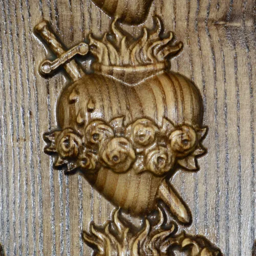 Vista 2 de Sagrada Familia Tres Sagrados Corazones Colgantes de Pared Obra de arte de madera natural Regalo religioso Adorno de madera Imagen de madera