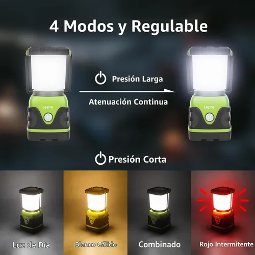 Vista 4 de Lepro Linterna LED de campamento de 1500 lúmenes, luz verde para tienda de campaña con 4 modos de luz, esenciales para camping, linterna impermeable