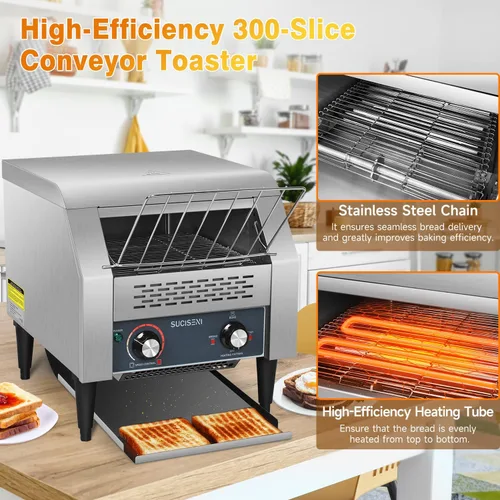 Vista 4 de Tostadora comercial de 300 rebanadas/hora 1900 W, tostadora industrial de alta resistencia, horno eléctrico de acero inoxidable con tubo