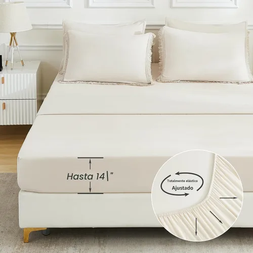 Vista 5 de Andency Juego de ropa de cama con edredón tamaño matrimonial beige con sábanas - 7 piezas, estilo bohemio con borlas, ropa de cama ligera en una 01