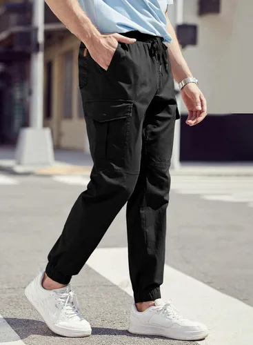 Vista 8 de JMIERR Pantalones cargo de moda para hombre, casuales, de algodón, elásticos, de sarga con cordón, pantalones deportivos con 6 bolsillos