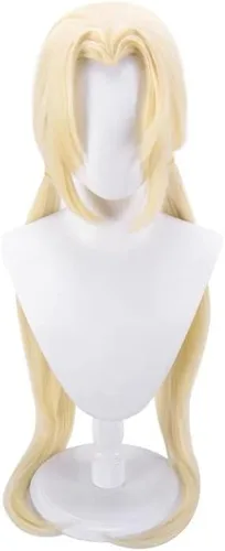 Vista 3 de Peluca de anime Tsunade cosplay, peluca larga amarilla con gorra de peluca gratis, para fiesta de disfraces, espectáculo de anime, evento