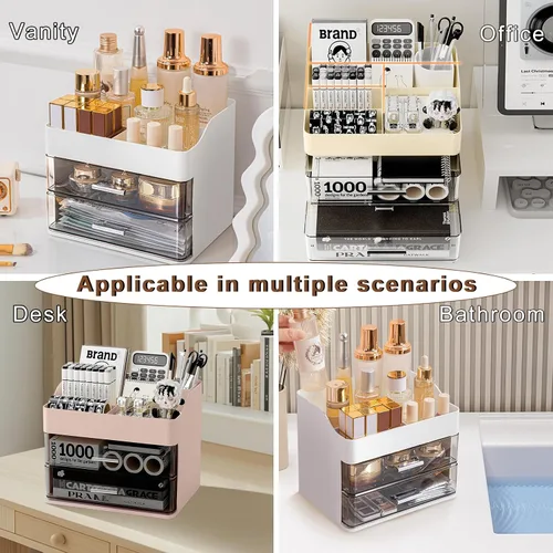 Vista 6 de DASITON Organizador de maquillaje con 2 cajones, organizador de cosméticos de maquillaje de gran capacidad para tocador, tocador de baño