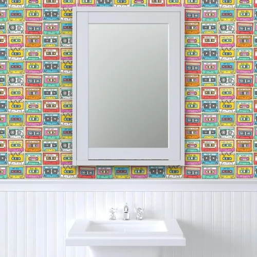 Vista 9 de Muestras de papel tapiz extraíbles, cinta de mezcla de música más pequeña, retro vintage de los años 90, papel pintado prepegado personalizado por