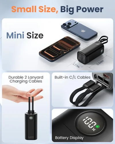 Vista 3 de Cargador Portátil Power Bank 20,000mAh para Viajes y Aire Libre, Cargador Portátil de Super Carga Rápida PD 35W con 2 Cables Integrados, Pantalla