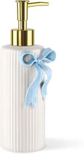 Vista 3 de Dispensador de jabón de cerámica hecho a mano, dispensador de líquido de loción para manos, recargable para decoración de cocina y baño (azul cinta)