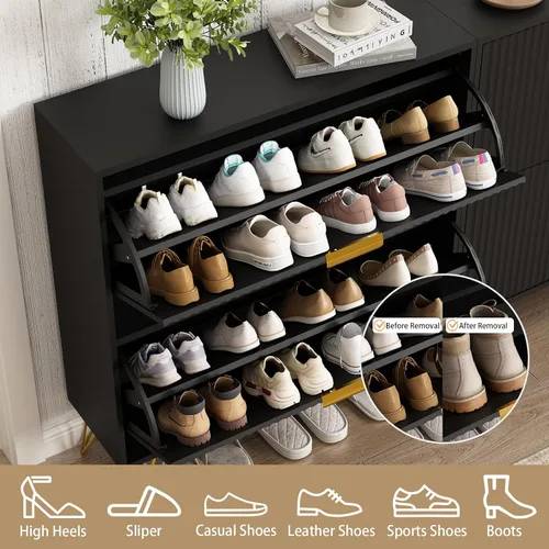 Vista 5 de Cómoda para zapatos con 2 cajones abatibles, cómodas de almacenamiento para zapatos estilizadas en negro, armario oculto para zapatos para entrada