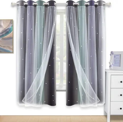 Vista 20 de Cortinas opacas con recorte de estrellas y arcoíris para guardería/habitación de niños/niñas, con superposición de tul, 2 paneles, cada una de 52