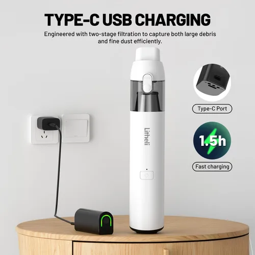 Vista 7 de LiTHELi Aspiradora de mano inalámbrica, potente succión de 10,000 Pa con batería U recargable, ultra ligero mini eliminador de polvo para automóvil