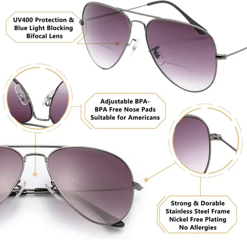 Vista 5 de LianSan Gafas de sol de lectura para exteriores, lentes bifocales de metal marrón degradado para hombres y mujeres, lentes grises con montura