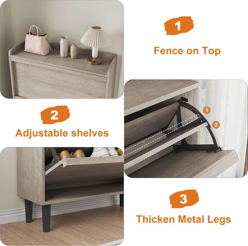 Vista 6 de IDEALHOUSE 2 zapateros con cajones abatibles, zapatero de madera con estante ajustable, organizador de zapatos independiente, almacenamiento oculto