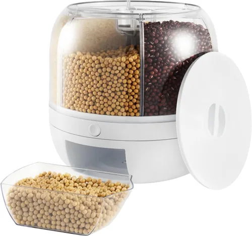 Vista 13 de Dispensador de alimentos secos de almacenamiento de arroz de 6 rejillas, dispensador de granos con taza medidora, dispensador de arroz de 22 libras