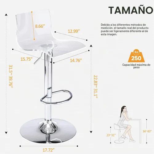 Vista 3 de Taburetes de bar acrílicos con respaldo medio, juego de 2 soportes giratorios ajustables transparentes