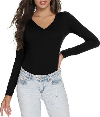 Vista 2 de LINDLOOK Camiseta de manga larga ajustada con cuello en V y cuello redondo para mujer, camiseta básica de algodón suave