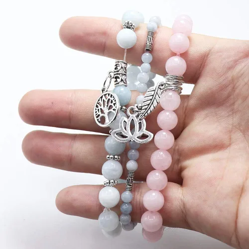 Vista 4 de UEUC - Pulseras Reiki, apilables, de piedras curativas, cristales, con dije del árbol de la vida, yoga y hoja de loto, contra la ansiedad