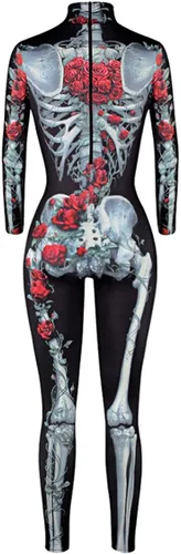 Vista 4 de Fixmatti Disfraz de fiesta de Halloween para mujer, traje de manga larga con estampado de calavera