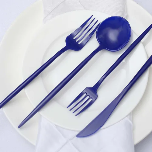 Vista 2 de Tableclothsfactory Juego de 50 cubiertos de plástico resistente, color azul real, cubiertos elegantes desechables de primera calidad