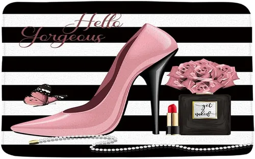 Vista 3 de Tapete de baño de tacón alto, color rosa, con lápiz labial, perfume, flor, Hello Gorgeous Fashion Maquillaje, lindo, para niñas y mujeres, tapete