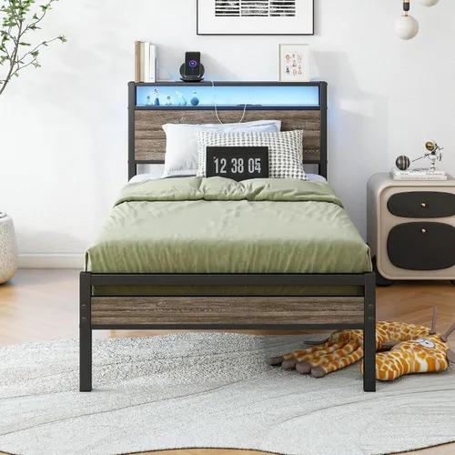 Vista 3 de BOFENG Base de cama individual con cabecera de madera y estación de carga USB, plataforma de metal resistente, marco de cama individual LED