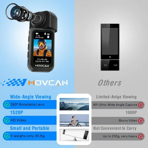Vista 7 de Movcan Cámara corporal S70 con grabación de audio y video, cámara corporal HD 1520P con lente giratoria de 180°, cámara de grabación manos libres