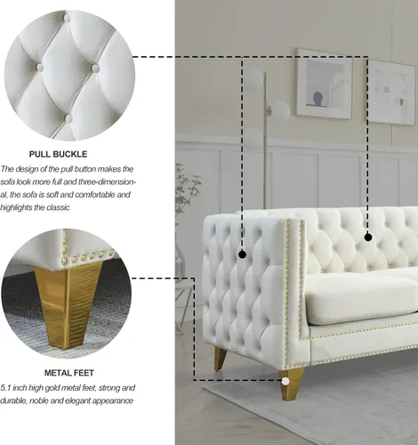 Vista 6 de Sofá moderno de terciopelo de 3 plazas, beige de 80 pulgadas con botones copetudos, con brazos cuadrados, para sala de estar, tapizado con botones