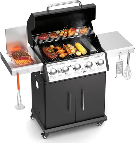 Vista 13 de SKOK Parrilla de gas propano de 4 quemadores con quemadores laterales y traseros infrarrojos, parrilla de barbacoa al aire libre con rejillas